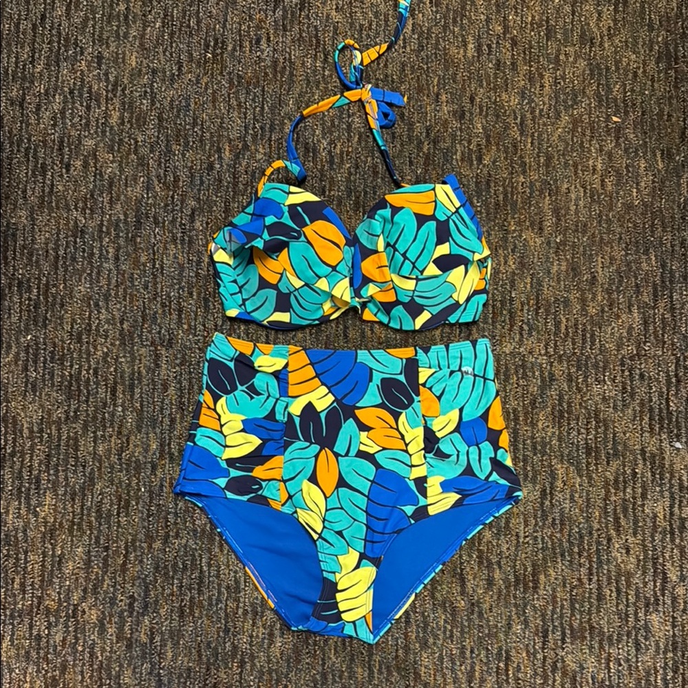 Aerie Blue and Yellow Tropical Bikini Set with Halter Top